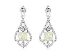 1.18CT DIAMOND & AAA OPAL 14Kt WHITE GOLD CUSHION OPEN FILIGREE HANGING EARRINGS