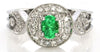 ESTATE .76CT DIAMOND & AAA EMEREALD 18K WHITE GOLD OVAL FILIGREE ENGAGEMENT RING