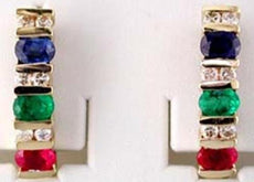 1.6CT DIAMOND & AAA MULTI GEM 14KT YELLOW GOLD OVAL & ROUND BAR HANGING EARRINGS