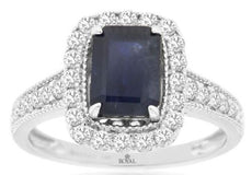 2.37CT DIAMOND & AAA SAPPHIRE 14KT WHITE GOLD EMERALD CUT HALO ENGAGEMENT RING