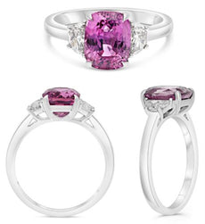 3.42CT DIAMOND & AAA PINK SAPPHIRE PLATINUM 3D HALF MOON & CUSHION 3 STONE RING