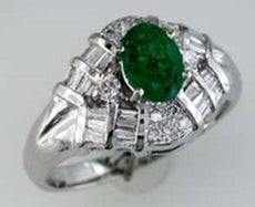 1.36CT DIAMOND & AAA EMERALD 14KT WHITE GOLD 3D OVAL ROUND & BAGUETTE LOVE RING