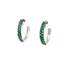 ESTATE .47CT AAA EMERALD 18KT WHITE GOLD 2 ROW PAVE HUGGIE HOOP HANGING EARRINGS