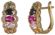 2.02CT DIAMOND & AAA MULTI COLOR SAPPHIRE 14KT YELLOW GOLD OVAL & ROUND EARRINGS