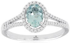 .88CT DIAMOND & AAA AQUAMARINE 14KT WHITE GOLD OVAL & ROUND HALO ENGAGEMENT RING