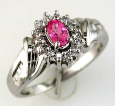 .57CT DIAMOND & AAA PINK SAPPHIRE 14KT WHITE GOLD OVAL ROUND & BAGUETTE FUN RING