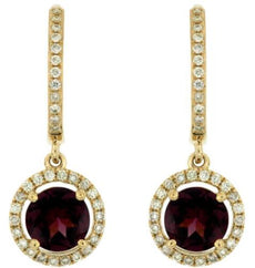 2.46CT DIAMOND & AAA RHODOLITE 14KT YELLOW GOLD ROUND LEVERBACK HANGING EARRINGS