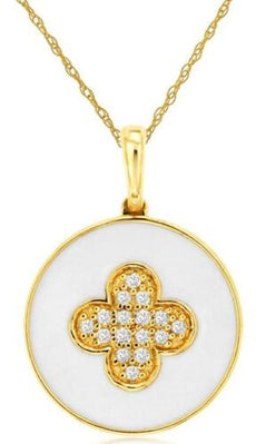 .08CT DIAMOND & AAA WHITE QUARTZ 14KT YELLOW GOLD 4 LEAF CLOVER FLOATING PENDANT
