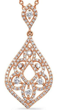 .57CT DIAMOND 14KT ROSE GOLD 3D FLOWER OPEN FILIGREE TEAR DROP FLOATING PENDANT