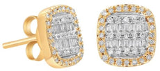 .30CT DIAMOND 14KT ROSE GOLD 3D ROUND & BAGUETTE MULTI ROW SQUARE STUD EARRINGS