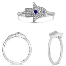 .14CT DIAMOND & AAA SAPPHIRE 14KT WHITE GOLD HAMSA CHAMSA LUCKY EVIL EYE RING