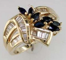 1.25CT DIAMOND & AAA SAPPHIRE 14K YELLOW GOLD 3D MARQUISE & BAGUETTE FLORAL RING