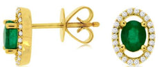 0.88CT DIAMOND & AAA EMERALD 14KT YELLOW GOLD 3D OVAL & ROUND HALO STUD EARRINGS