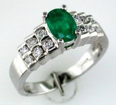 1.08CT DIAMOND & AAA EMERALD 14KT WHITE GOLD 3D OVAL & ROUND PYRAMID LOVE RING