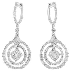 2.05CT DIAMOND 18KT WHITE GOLD 3D FLOWER DOUBLE CIRCULAR HUGGIE HANGING EARRINGS