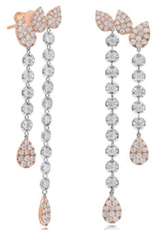 1.96CT DIAMOND 14KT WHITE & ROSE GOLD ROUND MULTI LEAF DOUBLE TEAR DROP EARRINGS