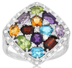 2.72CT DIAMOND & AAA MULTI GEM 14KT WHITE GOLD 3D OVAL CLUSTER SQUARE FUN RING