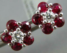 ESTATE 1.83CT DIAMOND & AAA RUBY 18KT WHITE GOLD 3D CLASSIC FLOWER STUD EARRINGS