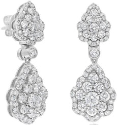 LARGE 3.09CT DIAMOND 14KT WHITE GOLD 3D ROUND CLUSTER TEAR DROP HANGING EARRINGS
