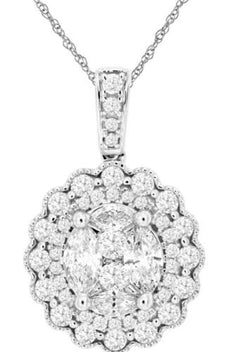 1.03CT DIAMOND 14KT WHITE GOLD ROUND & MARQUISE CLUSTER FLOWER FLOATING PENDANT