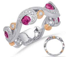 .90CT DIAMOND & AAA RUBY 14K WHITE & ROSE GOLD 3D MULTI LEAF 3/4TH ETERNITY RING