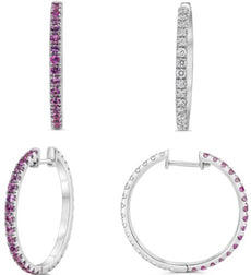 ESTATE 2.0CT DIAMOND & AAA PINK SAPPHIRE 14K WHITE GOLD 3D HOOP HANGING EARRINGS