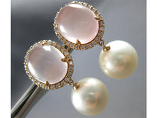 ESTATE LARGE 17CT DIAMOND & AAA PINK QUARTZ & SOUTH SEA PEARL 18KT ROSE GOLD EARRINGS