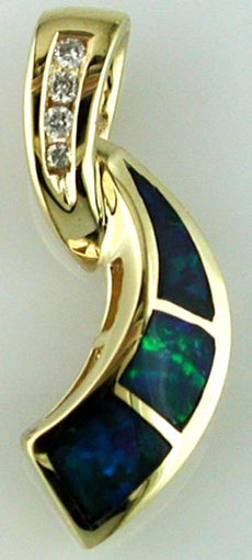 ESTATE .05CT DIAMOND & AAA OPAL 14KT YELLOW GOLD 3D CRISS CROSS FLOATING PENDANT