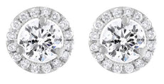 ESTATE 1.55CT DIAMOND 18KT WHITE GOLD ROUND CLASSIC SOLITAIRE HALO STUD EARRINGS