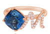 1.69CT DIAMOND & AAA LONDON BLUE TOPAZ 18KT ROSE GOLD CUSHION & ROUND LOVE RING