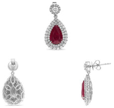 LARGE 6.33CT DIAMOND & AAA RUBY 18KT WHITE GOLD 3D PEAR SHAPE & ROUND EARRINGS