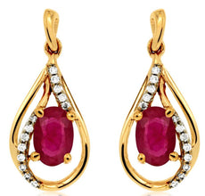 1.2CT DIAMOND & AAA RUBY 14K YELLOW GOLD OVAL & ROUND TEAR DROP HANGING EARRINGS