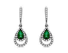 .58CT DIAMOND & AAA EMERALD 14KT WHITE GOLD PEAR SHAPE & ROUND HANGING EARRINGS