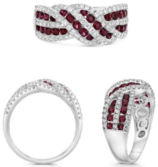 1.44CT DIAMOND & AAA RUBY 14K WHITE GOLD 3D MULTI ROW CRISS CROSS LOVE KNOT RING