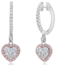 .83CT WHITE & PINK DIAMOND 18KT WHITE & ORSE GOLD HEART SHAPE HANGING EARRINGS