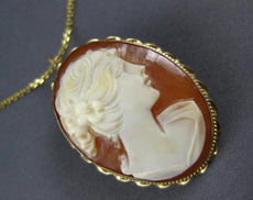 ANTIQUE 14KT YELLOW GOLD 3D LADY CAMEO OVAL FLOATING PENDANT BROOCH #27293