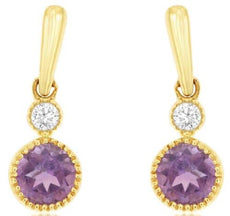 .28CT DIAMOND & AAA AMETHYST 14KT YELLOW GOLD 3D ROUND FILIGREE FLORAL EARRINGS
