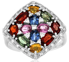 WIDE 3.80CT DIAMOND & AAA MULTI COLOR SAPPHIRE 14KT WHITE GOLD CLUSTER FUN RING