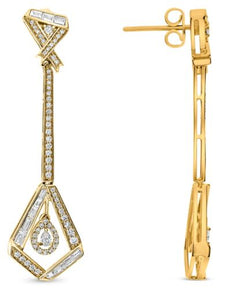 LARGE 1.17CT DIAMOND 14K YELLOW GOLD 3D ROUND & BAGUETTE TRIANGULAR FUN EARRINGS