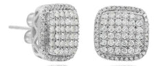 1.03CT DIAMOND 14KT WHITE GOLD 3D ROUND PAVE SQUARE HALO FILIGREE STUD EARRINGS