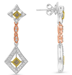 .85CT WHITE & FANCY YELLOW DIAMOND 18KT TRI COLOR GOLD PRINCESS & ROUND EARRINGS