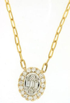 .50CT DIAMOND 14KT YELLOW GOLD 3D ROUND & BAGUETTE CLUSTER OVAL HALO NECKLACE