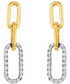 ESTATE .20CT DIAMOND 14KT 2 TONE GOLD 3D CLASSIC OVAL LINK HANGING EARRINGS
