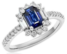 1.73CT DIAMOND & AAA SAPPHIRE 14K WHITE GOLD EMERALD CUT & ROUND ENGAGEMENT RING