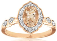 .88CT DIAMOND & AAA MORGANITE 14KT ROSE GOLD OVAL & ROUND FILIGREE FLORAL RING