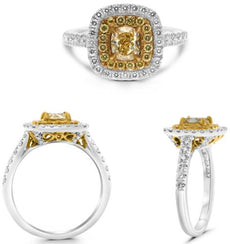 1.41CT WHITE & FANCY YELLOW DIAMOND 18K 2 TONE GOLD OVAL & ROUND ENGAGEMENT RING