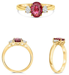1.75CT DIAMOND & AAA RUBY 18KT YELLOW GOLD OVAL 3 STONE CLASSIC ENGAGEMENT RING