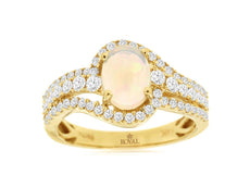 1.55CT DIAMOND & AAA OPAL 14K YELLOW GOLD 3D OVAL & ROUND DOUBLE SWIRL LOVE RING