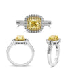1.54CT WHITE & FANCY YELLOW DIAMOND 18KT TWO TONE GOLD CUSHION & ROUND HALO RING