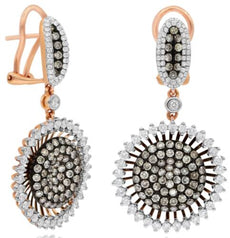 LARGE 2.77CT WHITE & CHOCOLATE FANCY DIAMOND 18KT ROSE GOLD 3D SUNBURST EARRINGS
